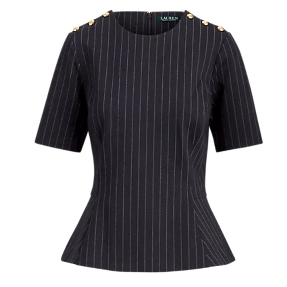 LAUREN (RALPH LAUREN) GREY PIN-STRIPED PEPLUM TOP - Picture 1 of 6